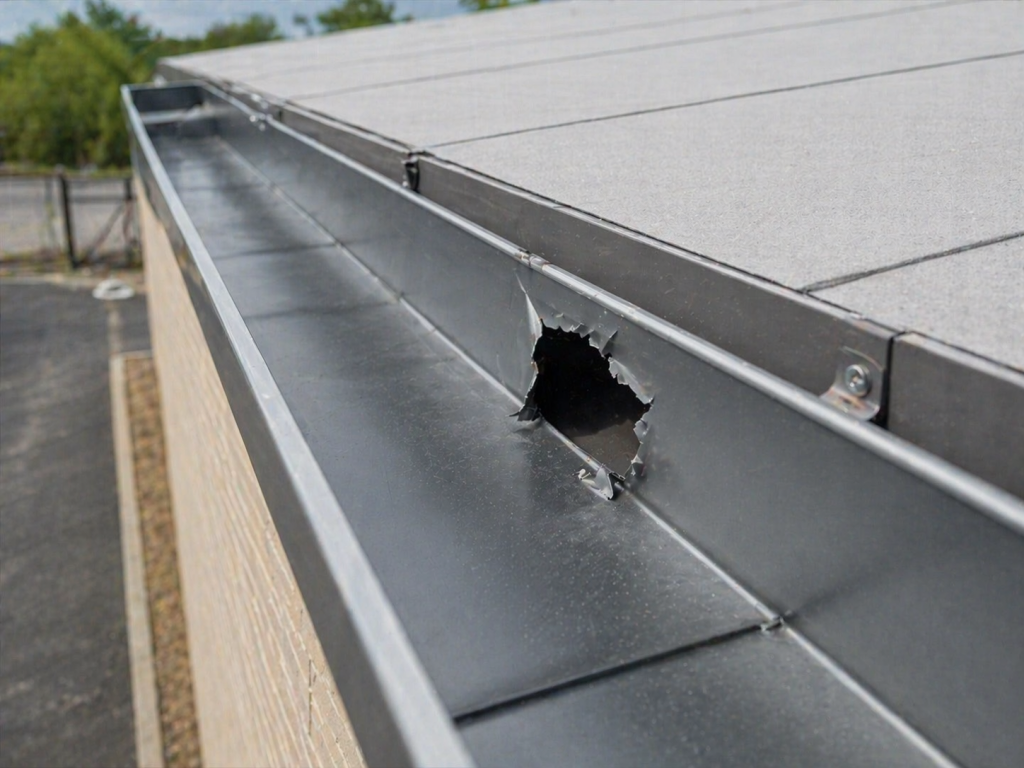 Damaged roof gutter with significant hole requiring repair