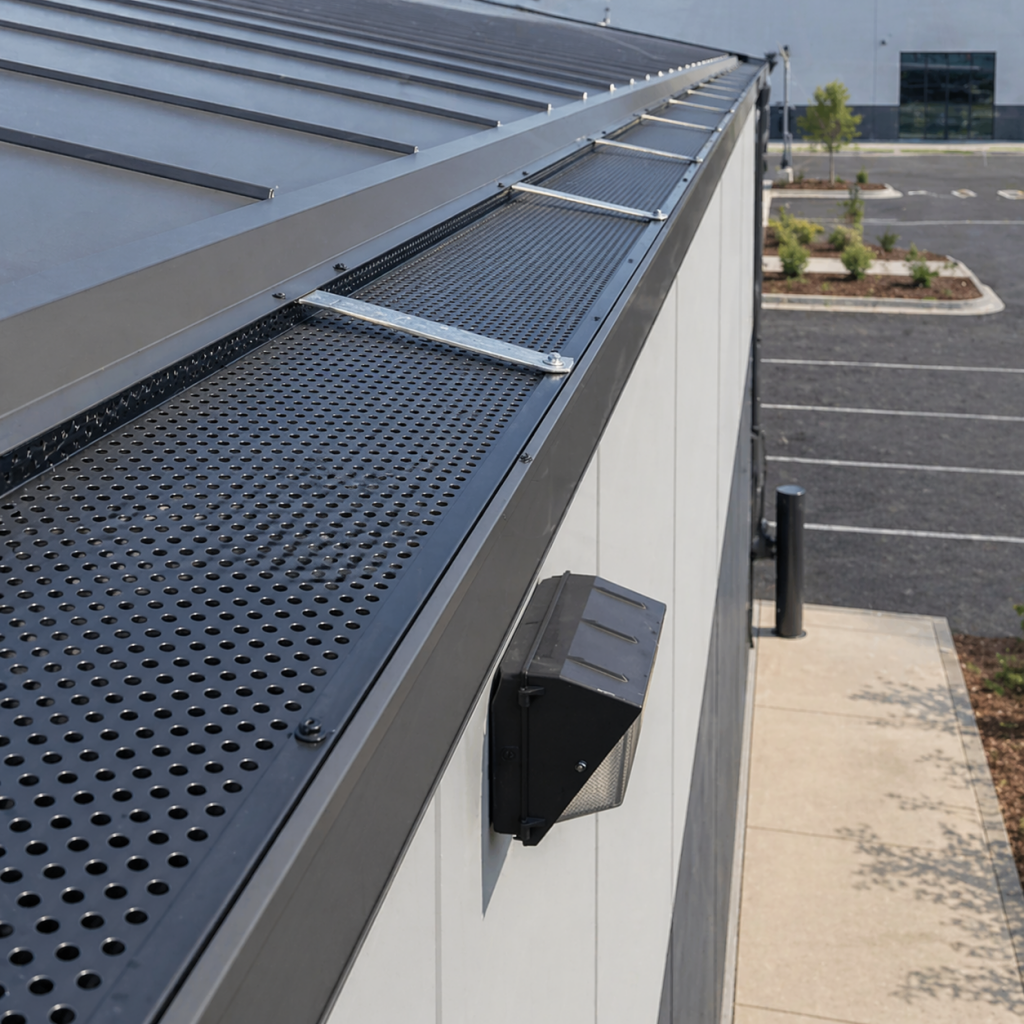 Modern building roof with metal gutter guards on a sunny day.