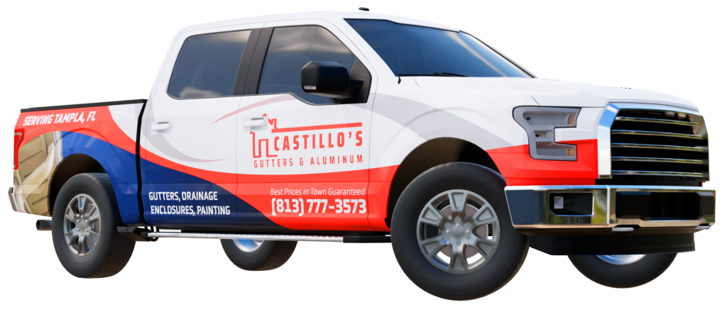Pickup truck with Castillo's Gutters & Aluminum branding.