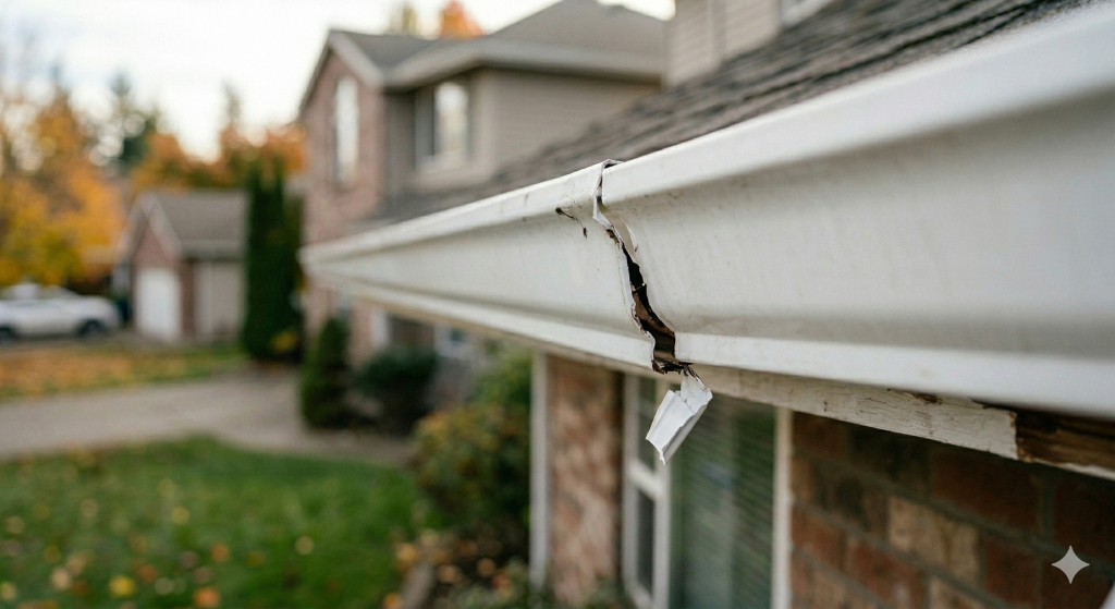 Close-up of a cracked gutter on a suburban house exterior