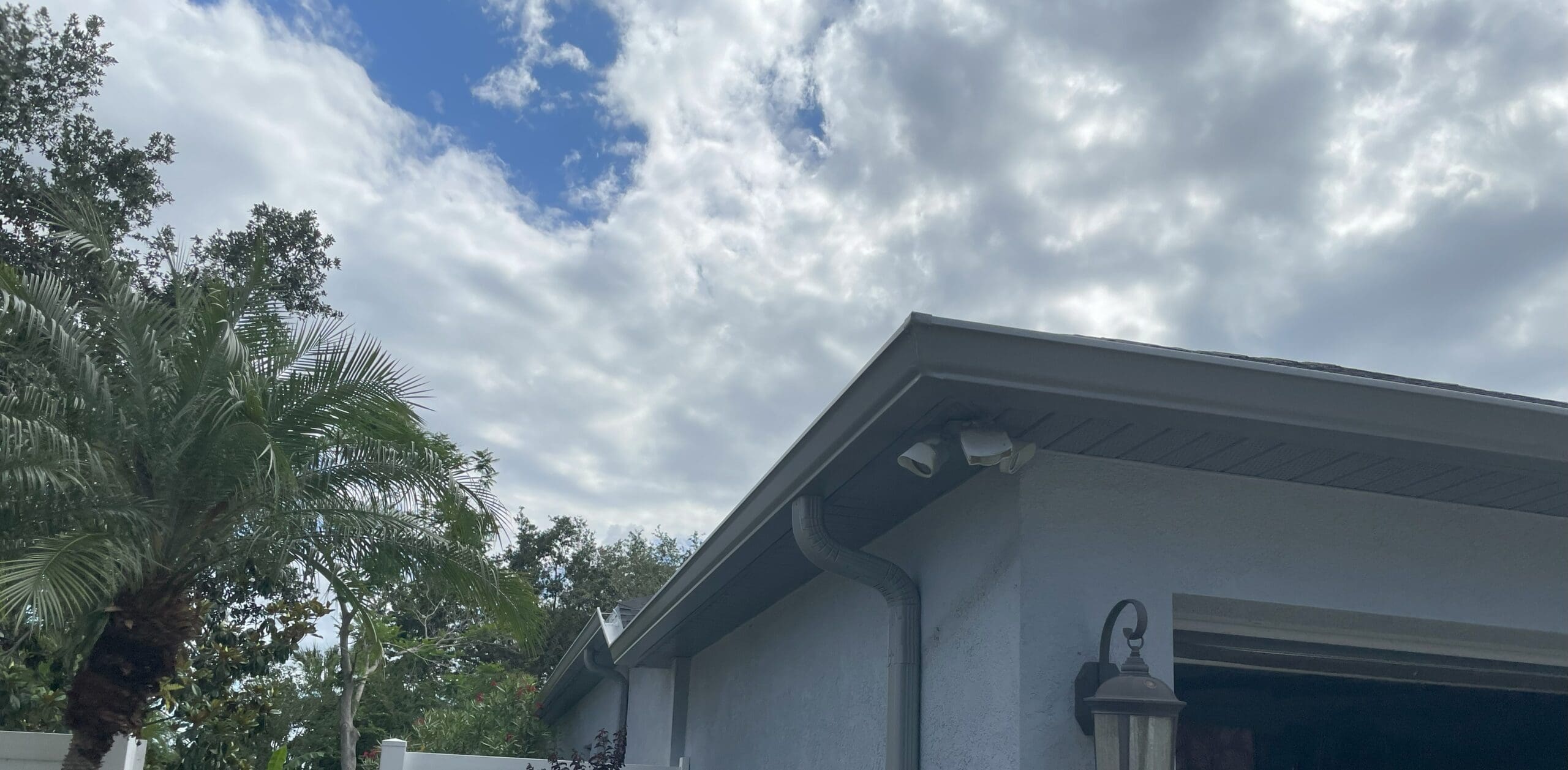 Residential rooftop with outdoor light and palm tree under cloudy sky.