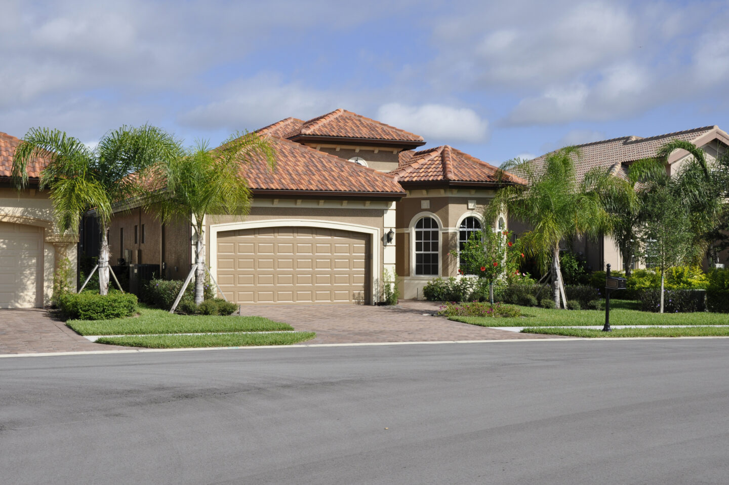 Modern suburban house with palm trees and a neatly landscaped front yard.